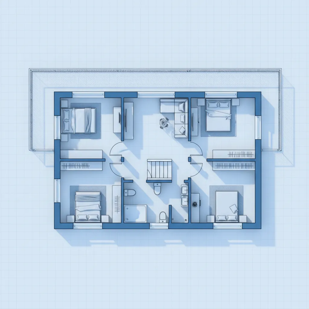 Blue 2D room layout on a grid background with four bedrooms and a living area