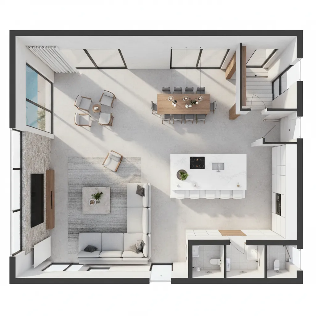 Interior design drawing showing open floor plan with grey sofa, dining table, and kitchen island