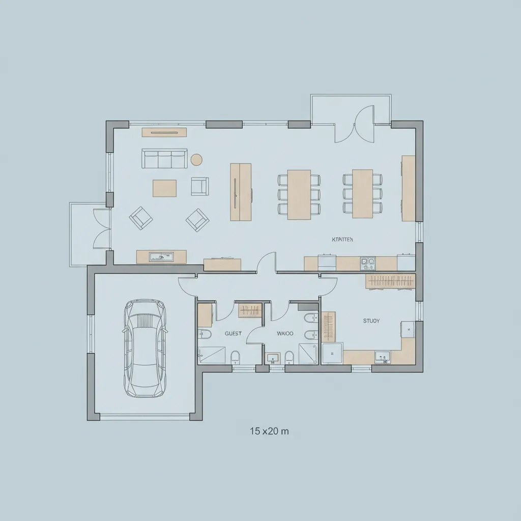 Contoh denah lantai satu rumah ukuran 15x20