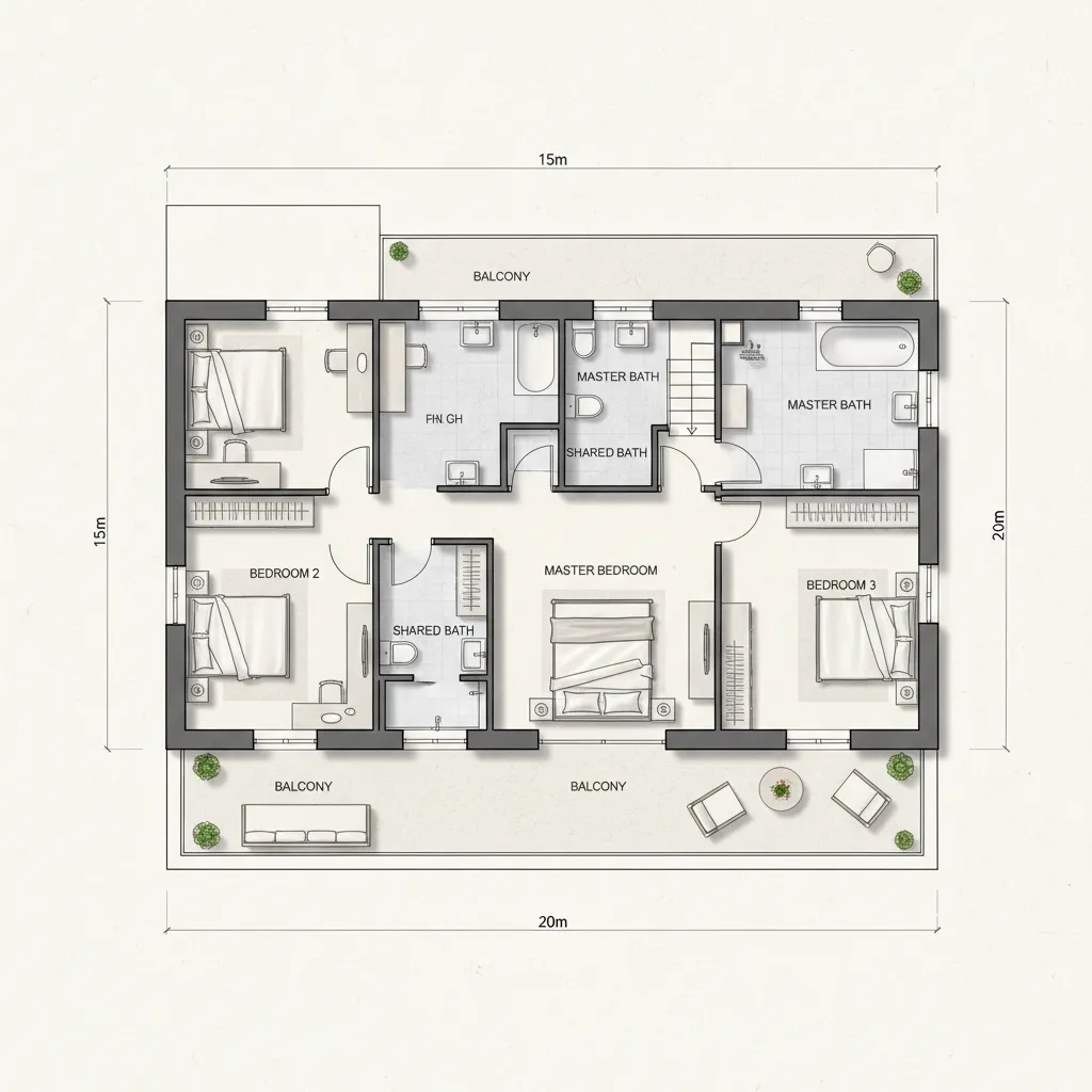Denah lantai dua rumah 15x20 dengan beberapa kamar tidur