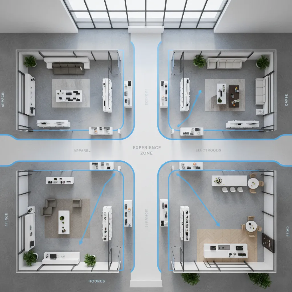 Interior design drawing showing a retail store room layout with blue arrows for customer flow