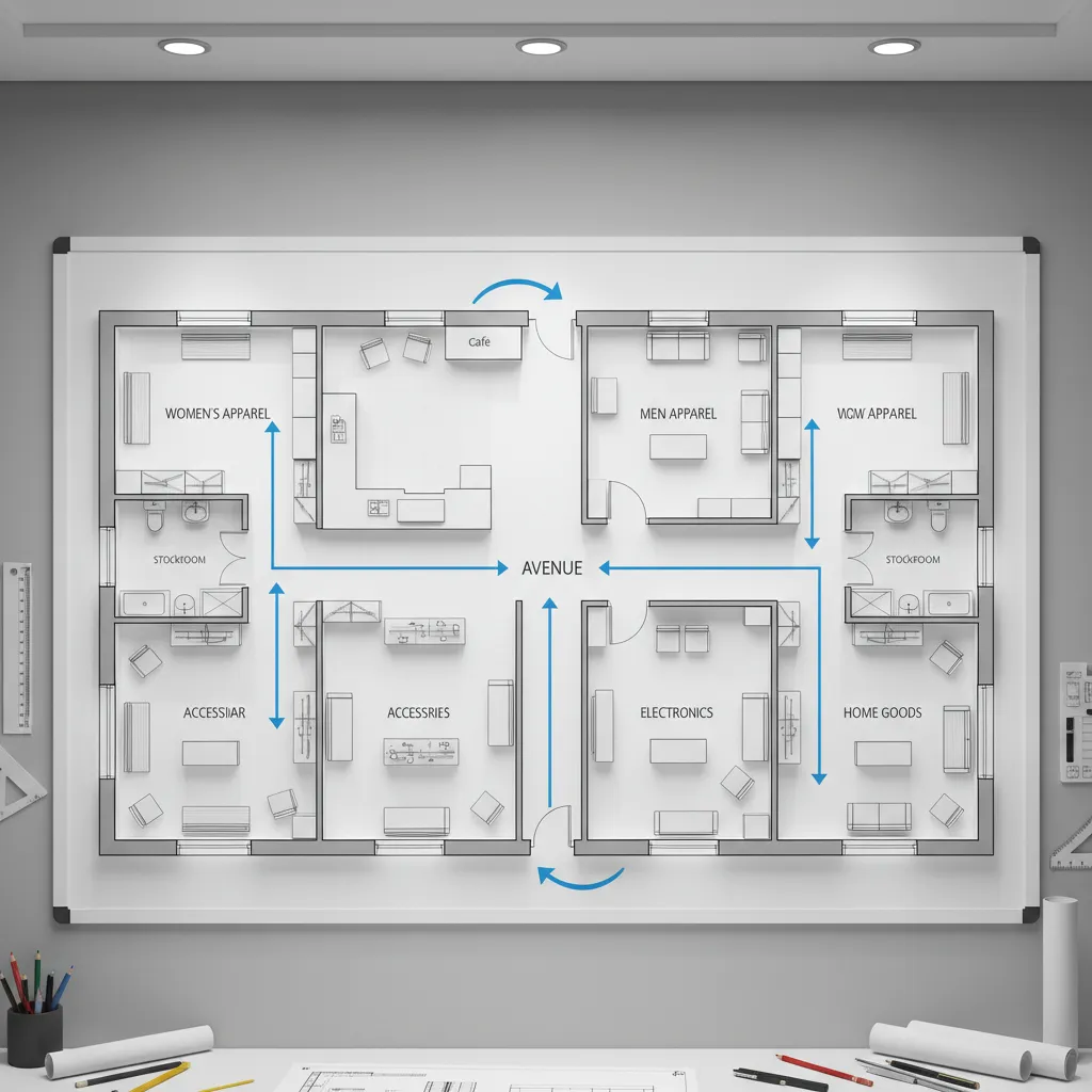 Plano de distribución de un local comercial con recorrido de clientes