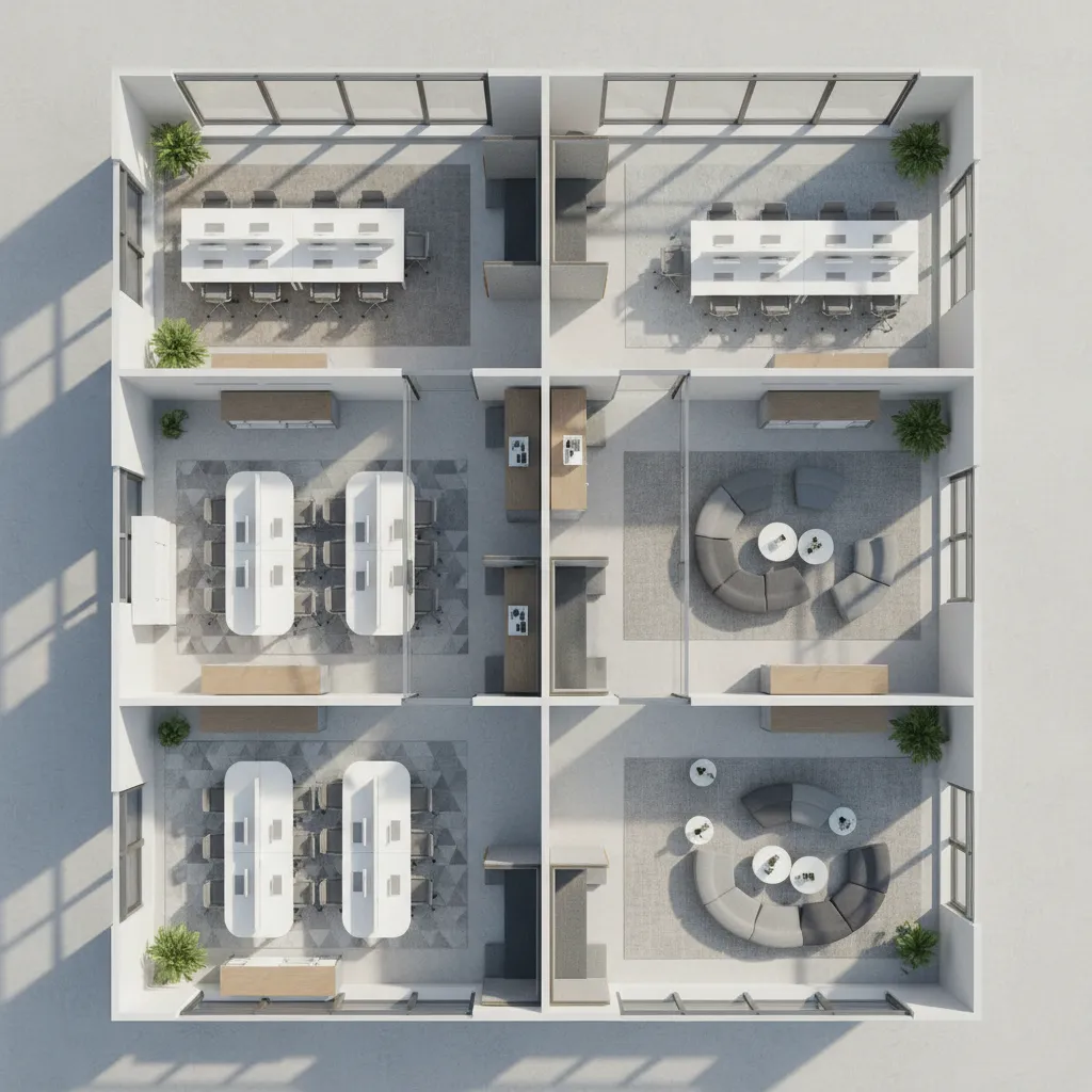 Plano 3D de una oficina con distribución de escritorios y zonas de trabajo