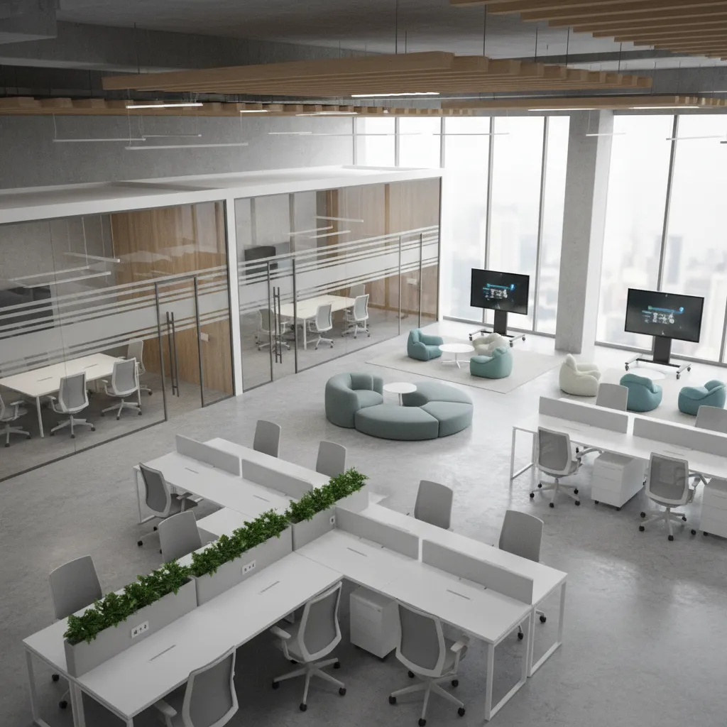 Modern open office interior with white desks glass meeting rooms blue circular sofa and windows