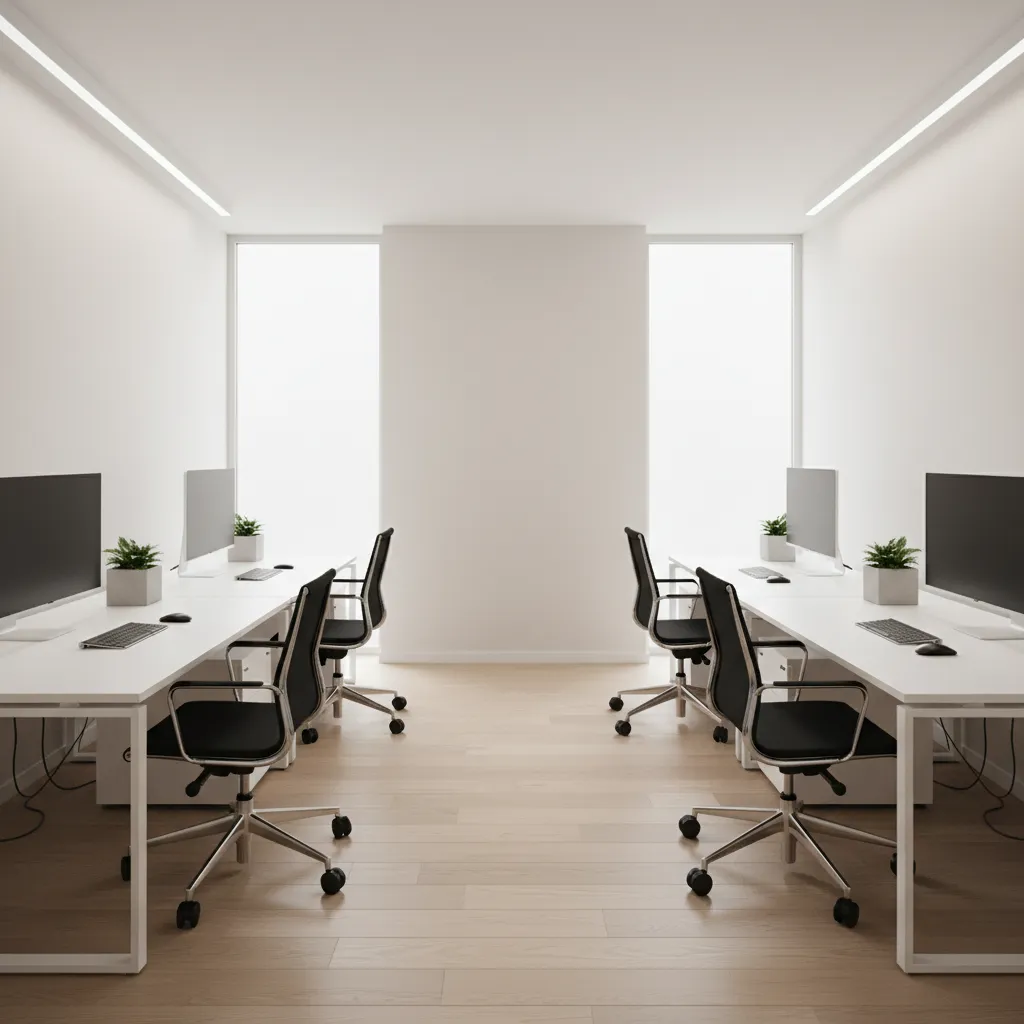 Symmetrical modern office layout with white desks, black chairs, wood flooring, and bright tall windows