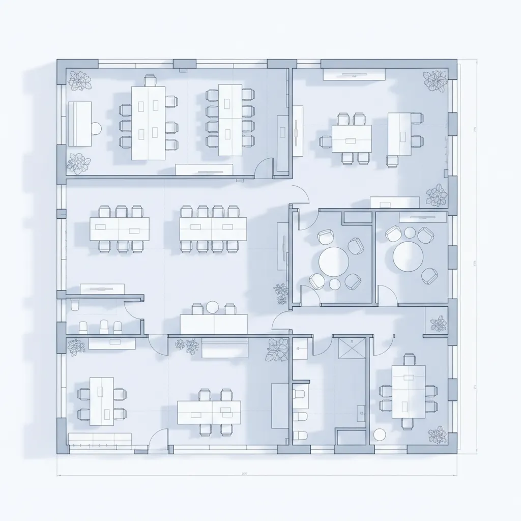 Plano de distribución de oficina con estaciones de trabajo y salas de reunión