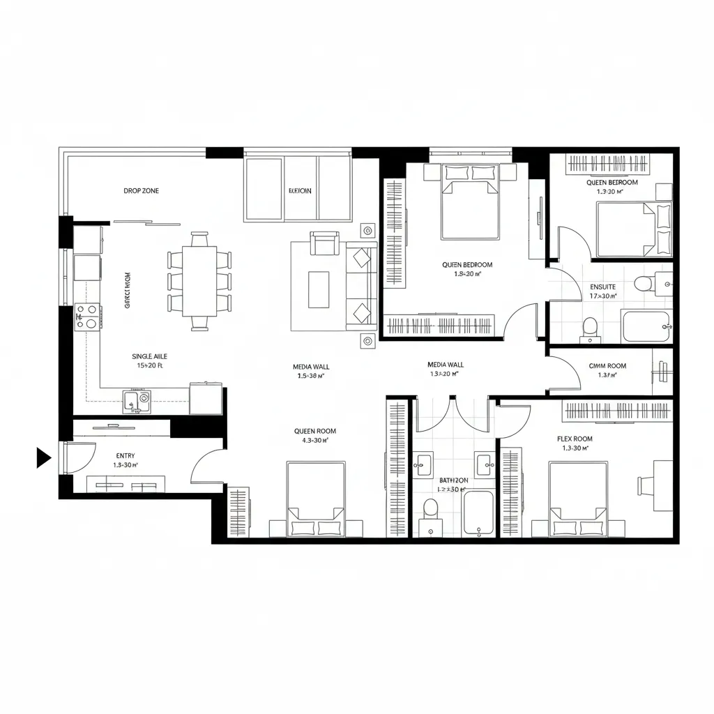 Top-down 2D CAD plan of split-core axis with hybrid great room
