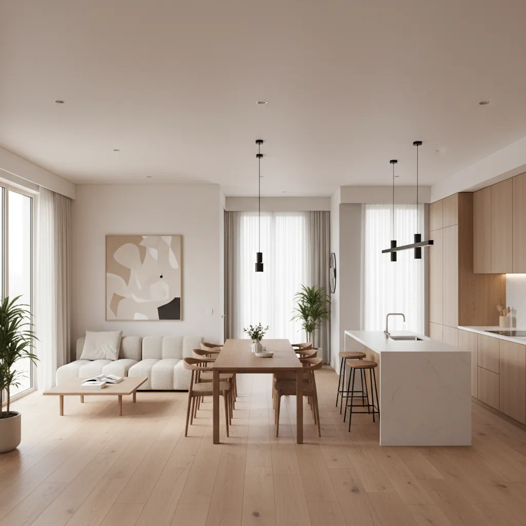 Modern open space living room with cream sofa wooden dining table and white kitchen island