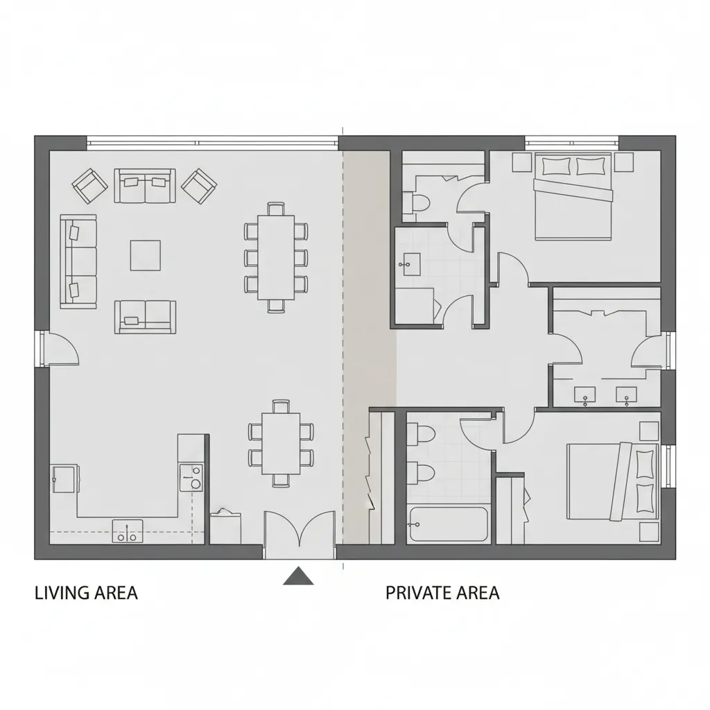 layout de planta mostrando separação entre área social e íntima