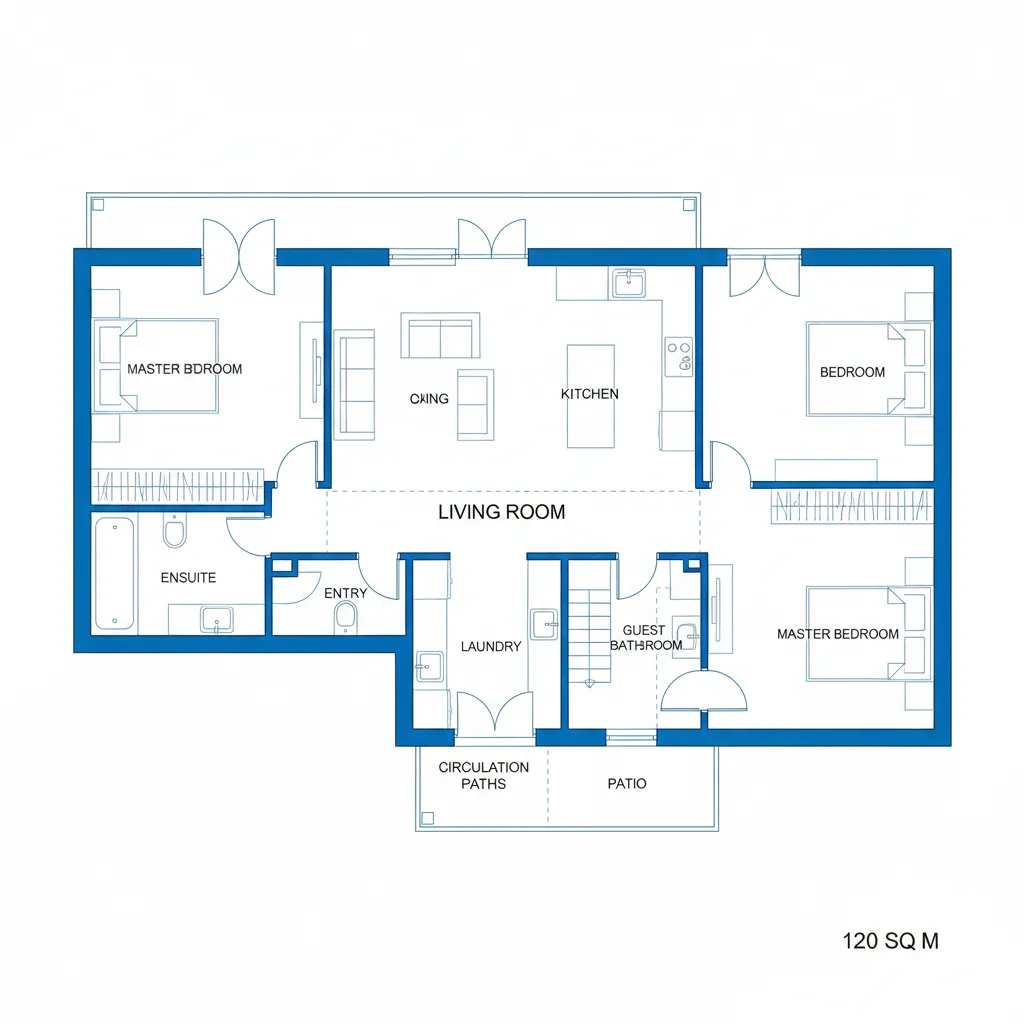layout arquitetônico de casa média mostrando circulação entre ambientes