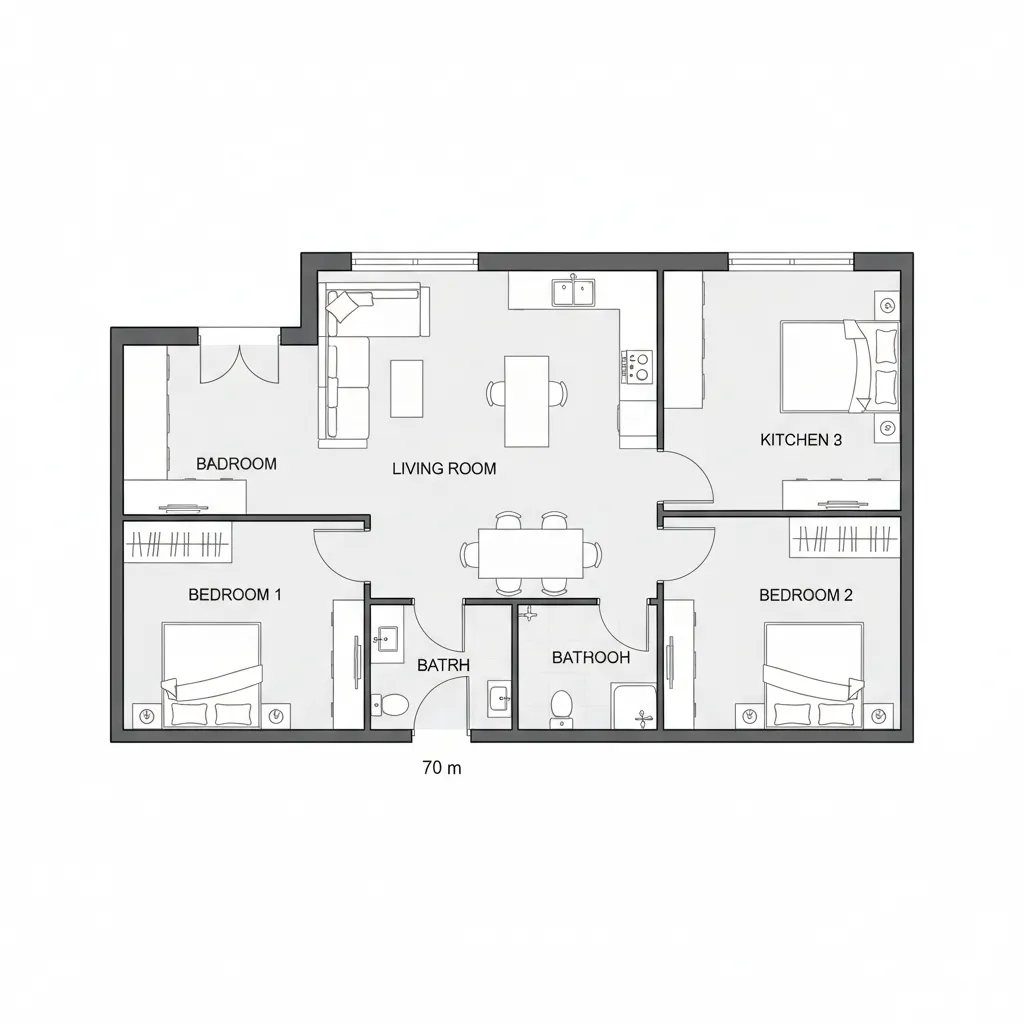 diagrama de layout de planta baixa com dois quartos e área social