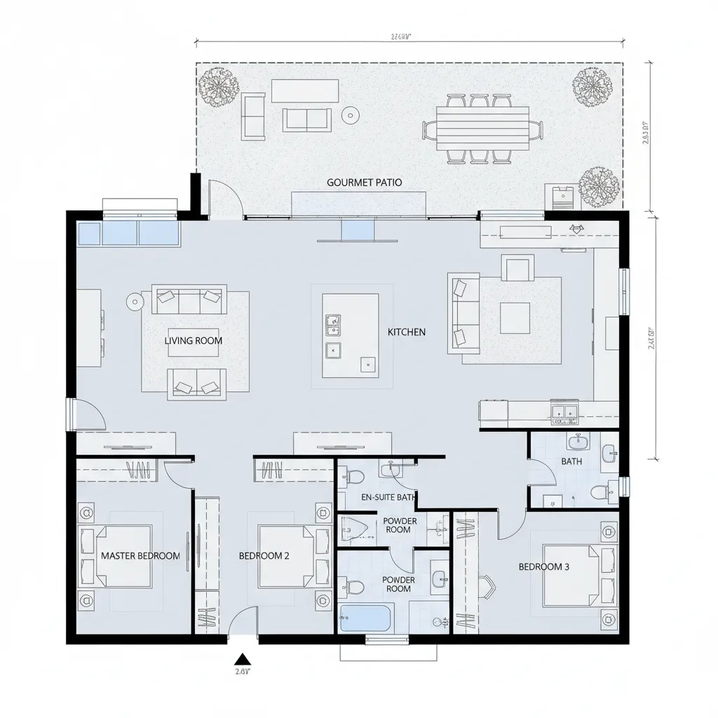 layout de planta de casa com três quartos e setor social integrado
