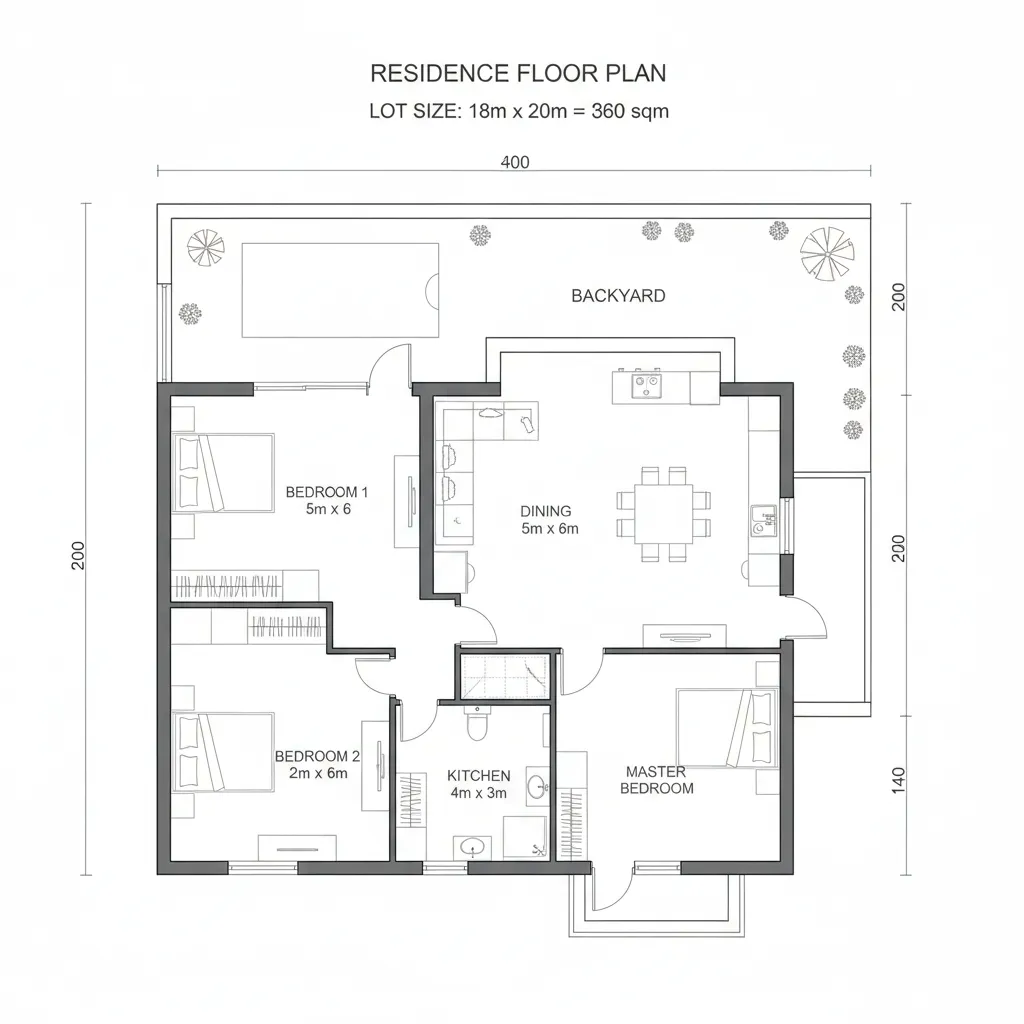 layout arquitetônico mostrando distribuição de ambientes em casa de 360m