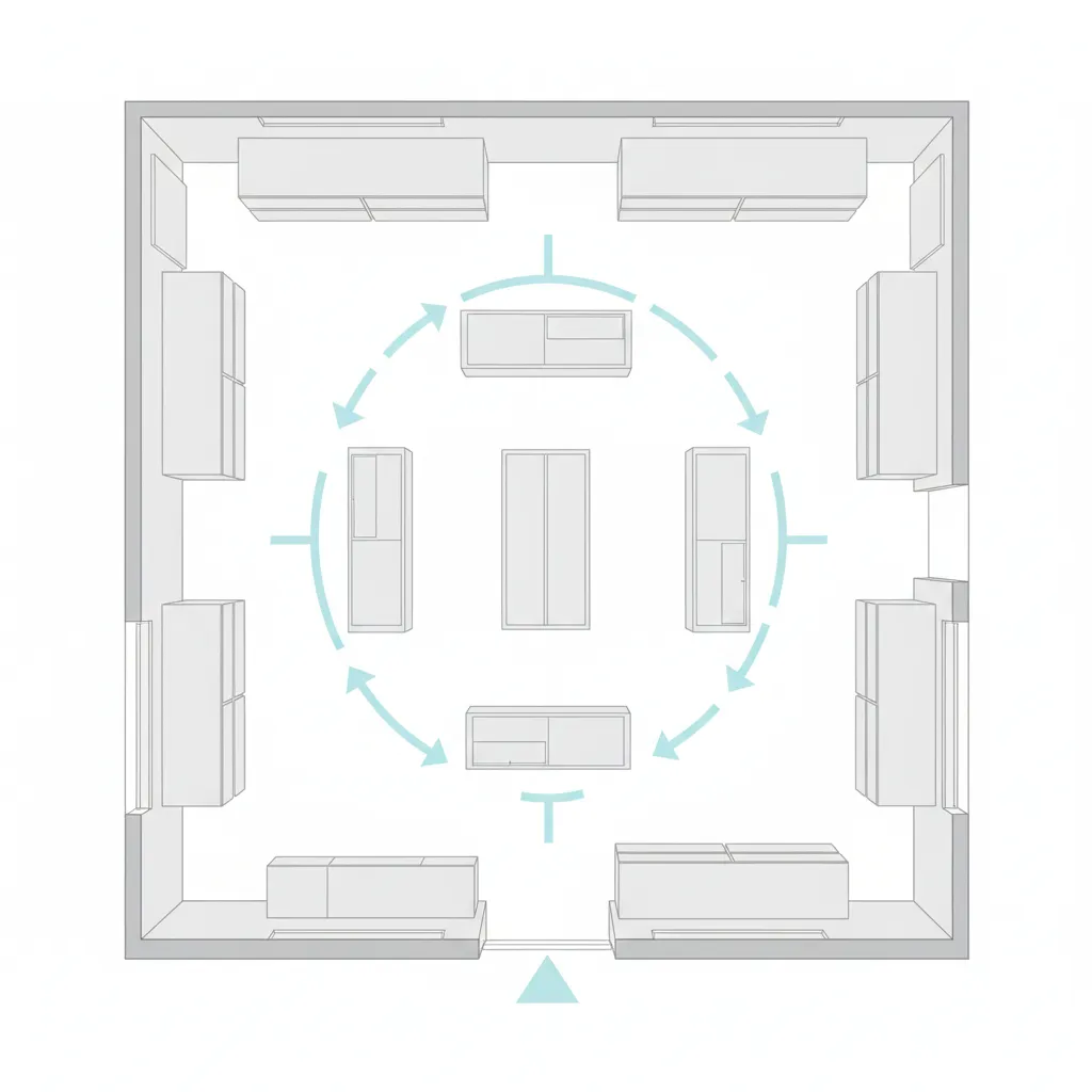 Top down store room layout showing customer path with blue arrows around central display shelves