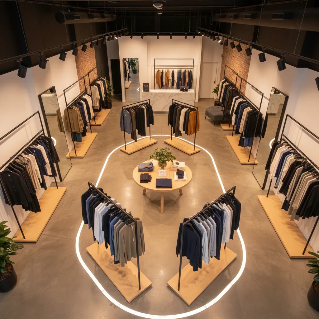 Distribución interior de una tienda de ropa mostrando el recorrido del cliente