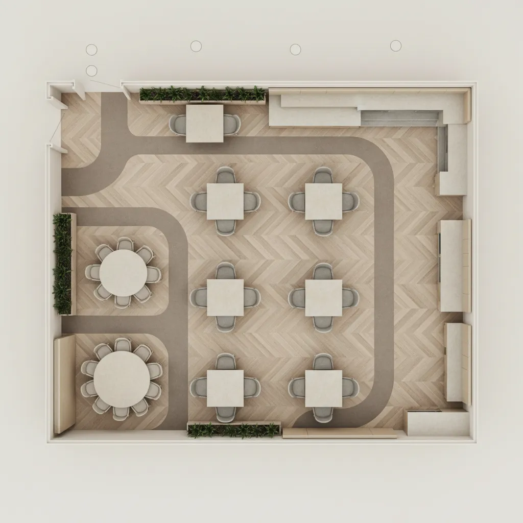 Overhead restaurant room layout showing wooden patterned flooring with several round and square dining tables