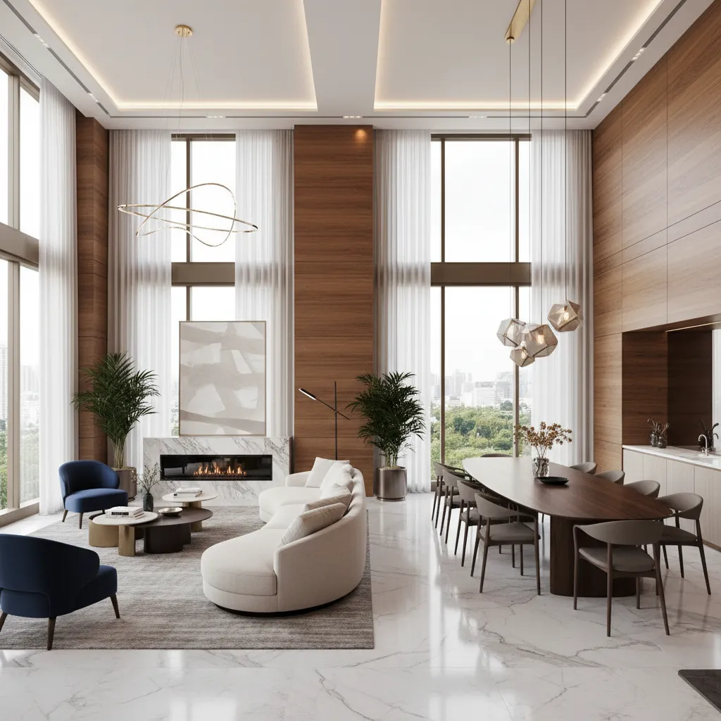 Modern living room interior design drawing with white sofa wood panels dining table ceiling light