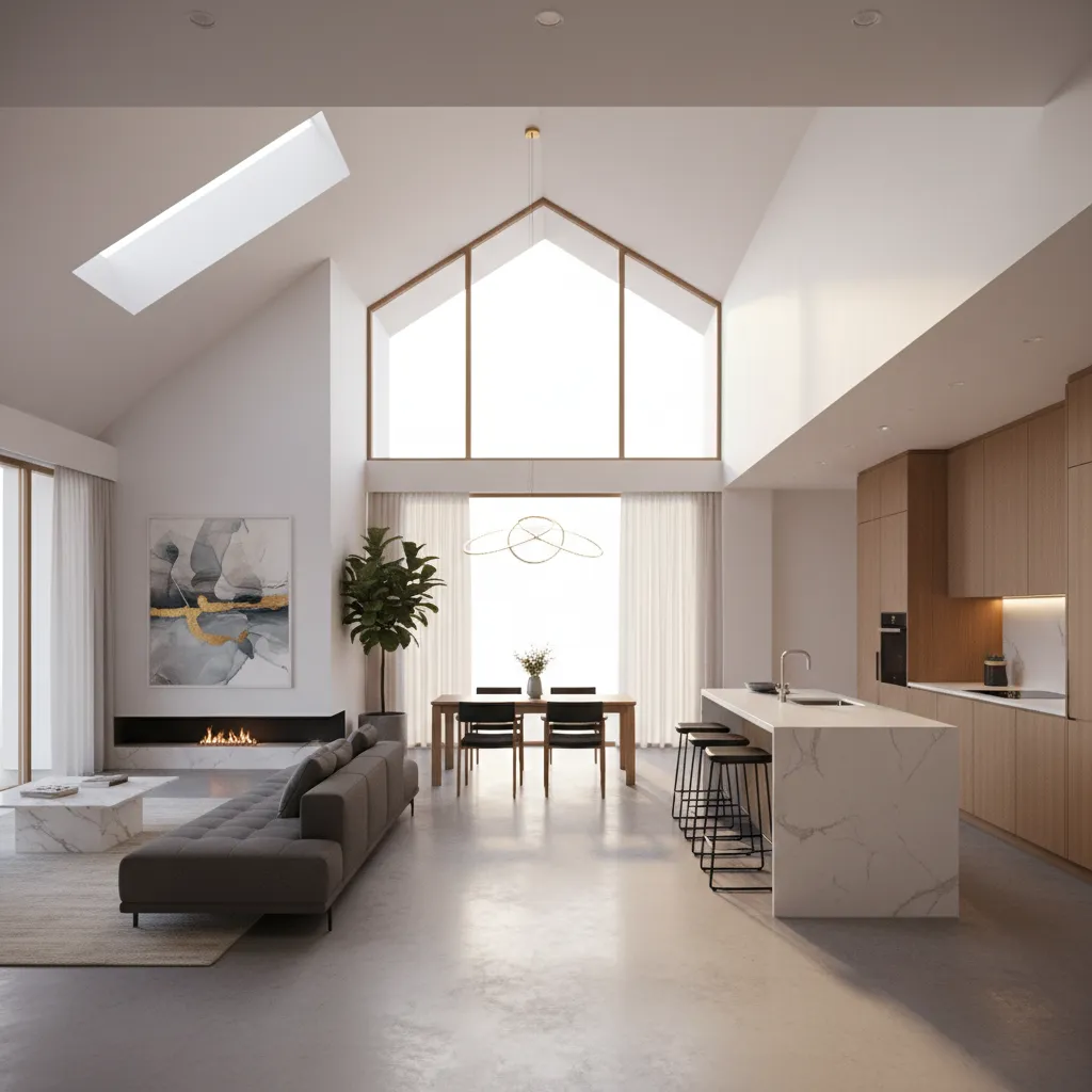 Modern interior design drawing showing open living room with grey sofa kitchen and high ceiling