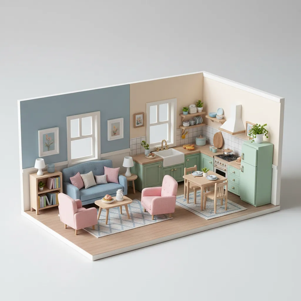Tata ruang utama rumah Barbie dengan ruang tamu dan dapur mini