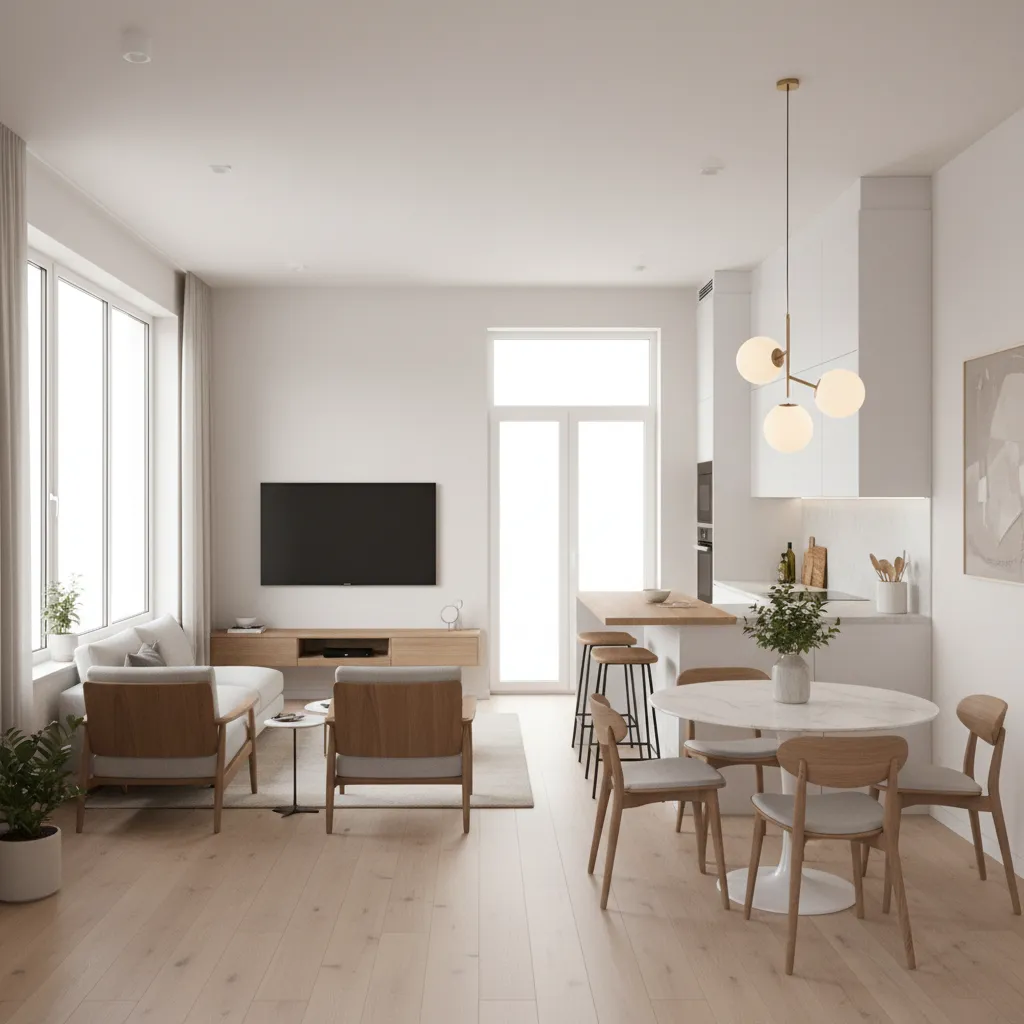 Modern open plan living room with white walls wood flooring grey sofa and round table