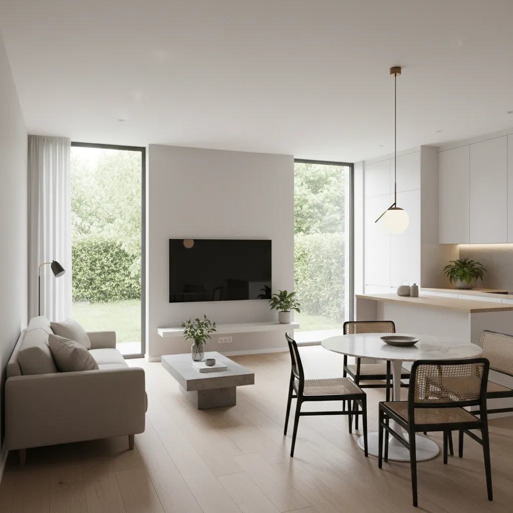 Modern open plan living room with sofa television dining table ceiling light and large windows
