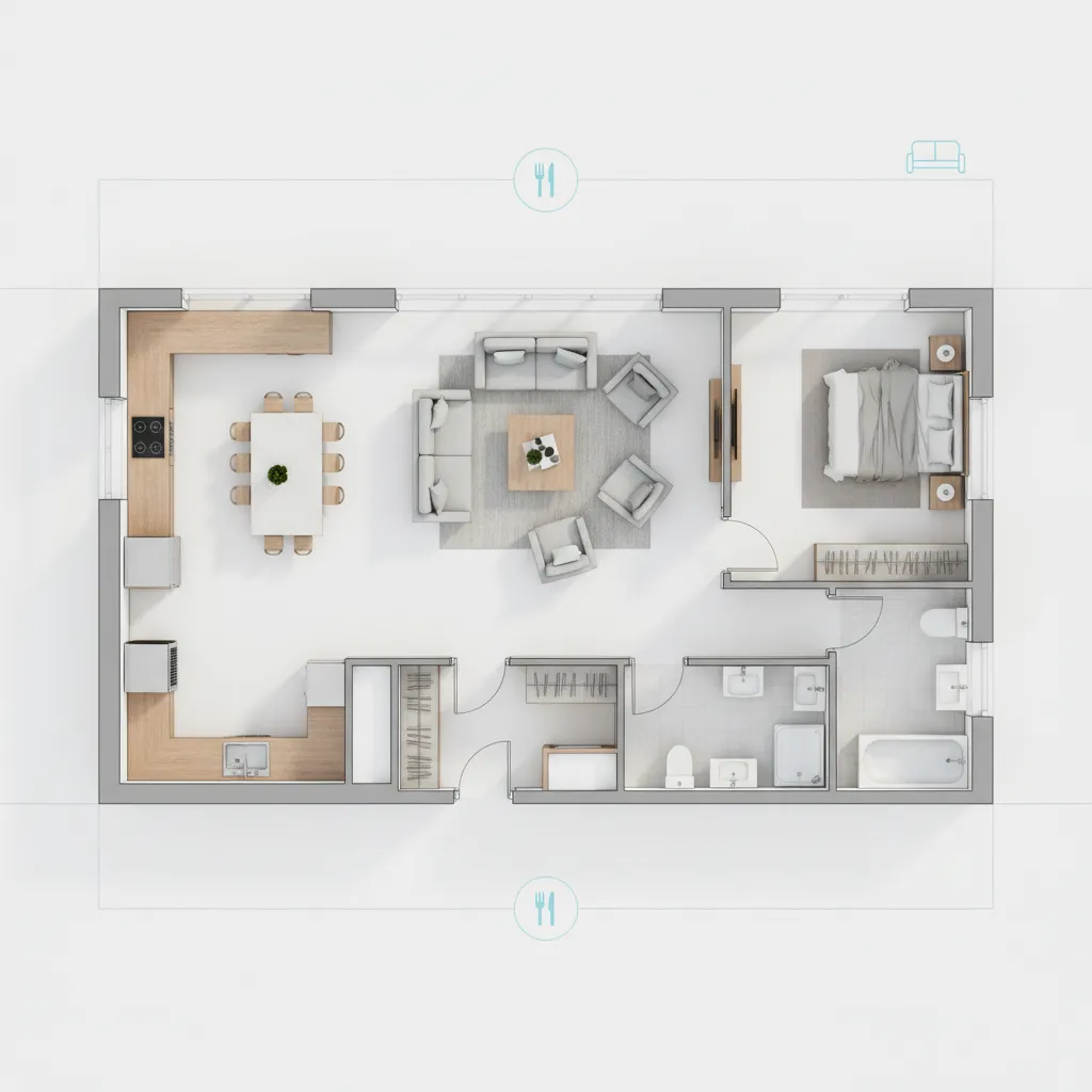 Layout ruangan digital yang menunjukkan pembagian ruang rumah