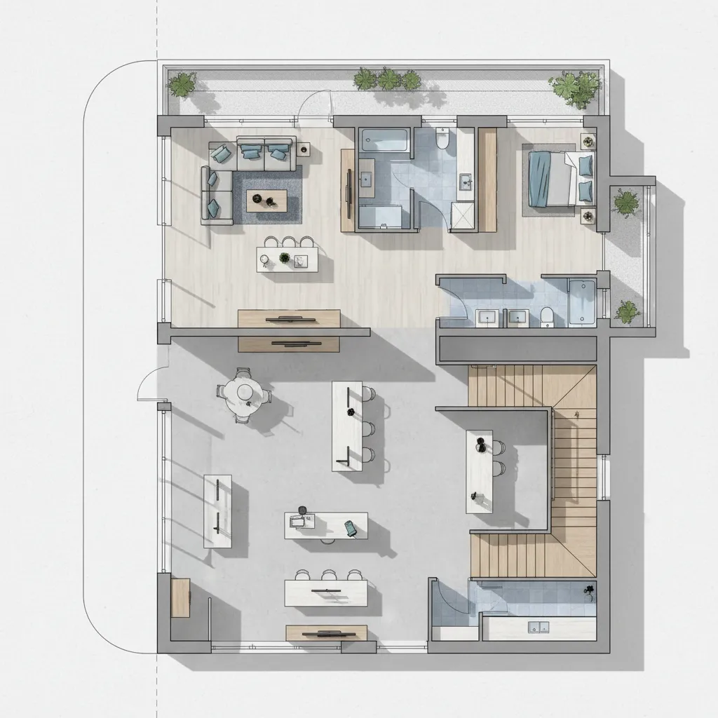 Ilustrasi layout rumah toko dua lantai dengan toko di bawah dan hunian di atas