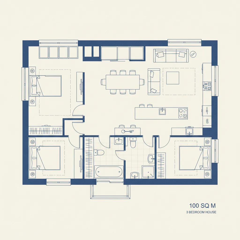Blue interior design drawing of three bedroom house layout with kitchen dining and living area