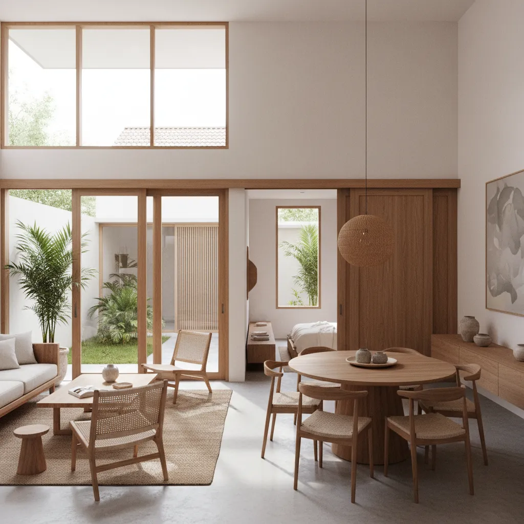 Layout rumah kecil dengan ruang tamu dan ruang makan terbuka
