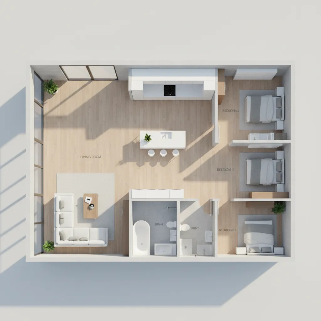 Interior design drawing of three bedroom layout with white sofa kitchen island and wood floors