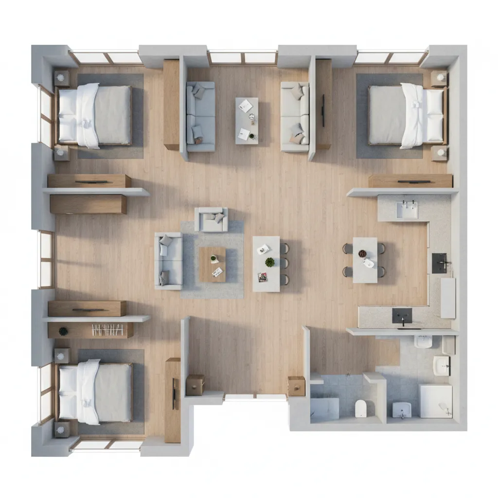 Denah rumah 10x10 dengan tiga kamar tidur