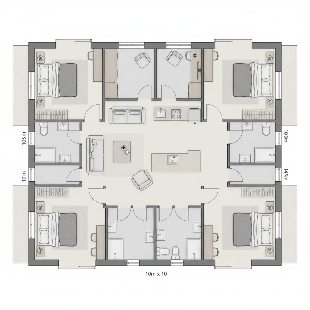 Room layout design showing floor plan with four bedrooms four bathrooms living room and kitchen