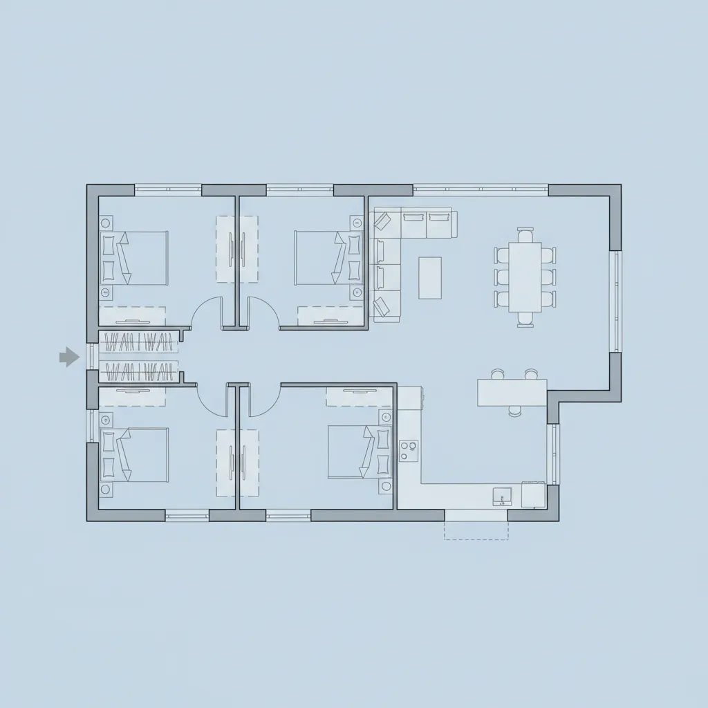 Denah rumah 10x12 dengan tiga kamar tidur