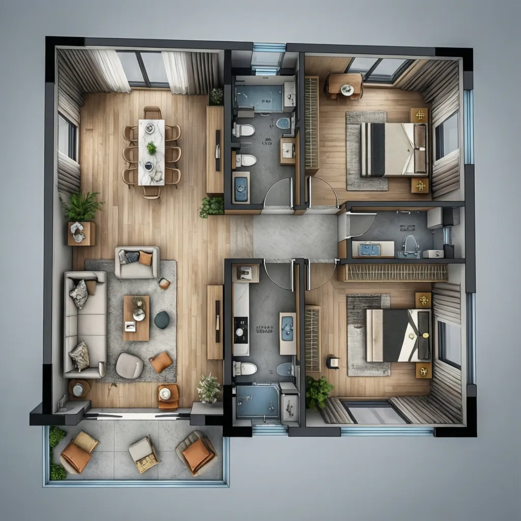 3D interior design drawing showing a house layout with three bedrooms living room and balcony