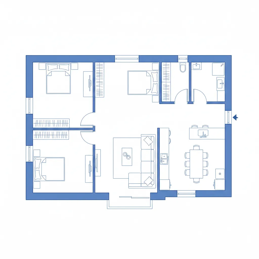 Simple blue floor plan showing two bedrooms living room dining table kitchen and a bathroom