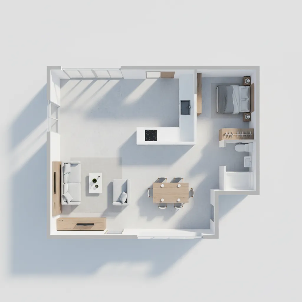 Modern interior design drawing of open plan room layout with kitchen dining table and bedroom