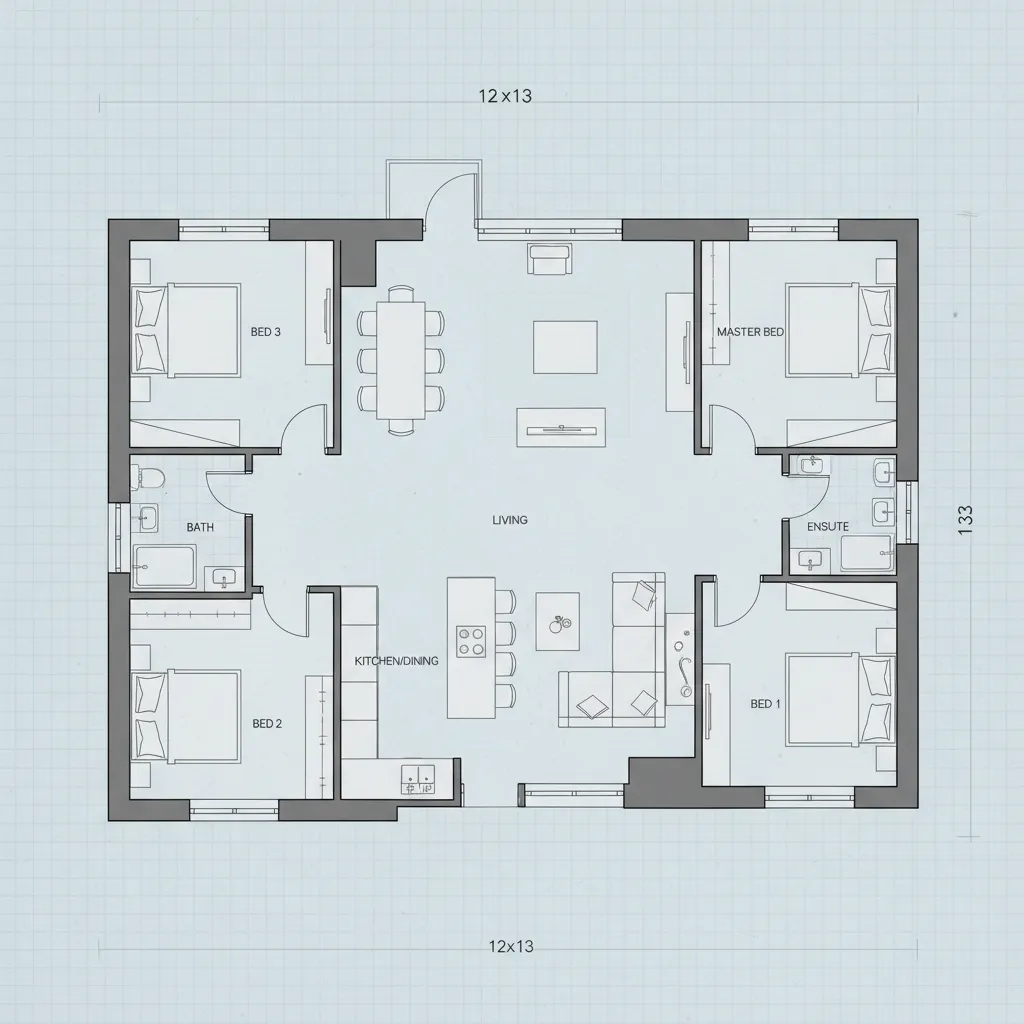 Denah rumah 12x13 dengan tiga kamar tidur