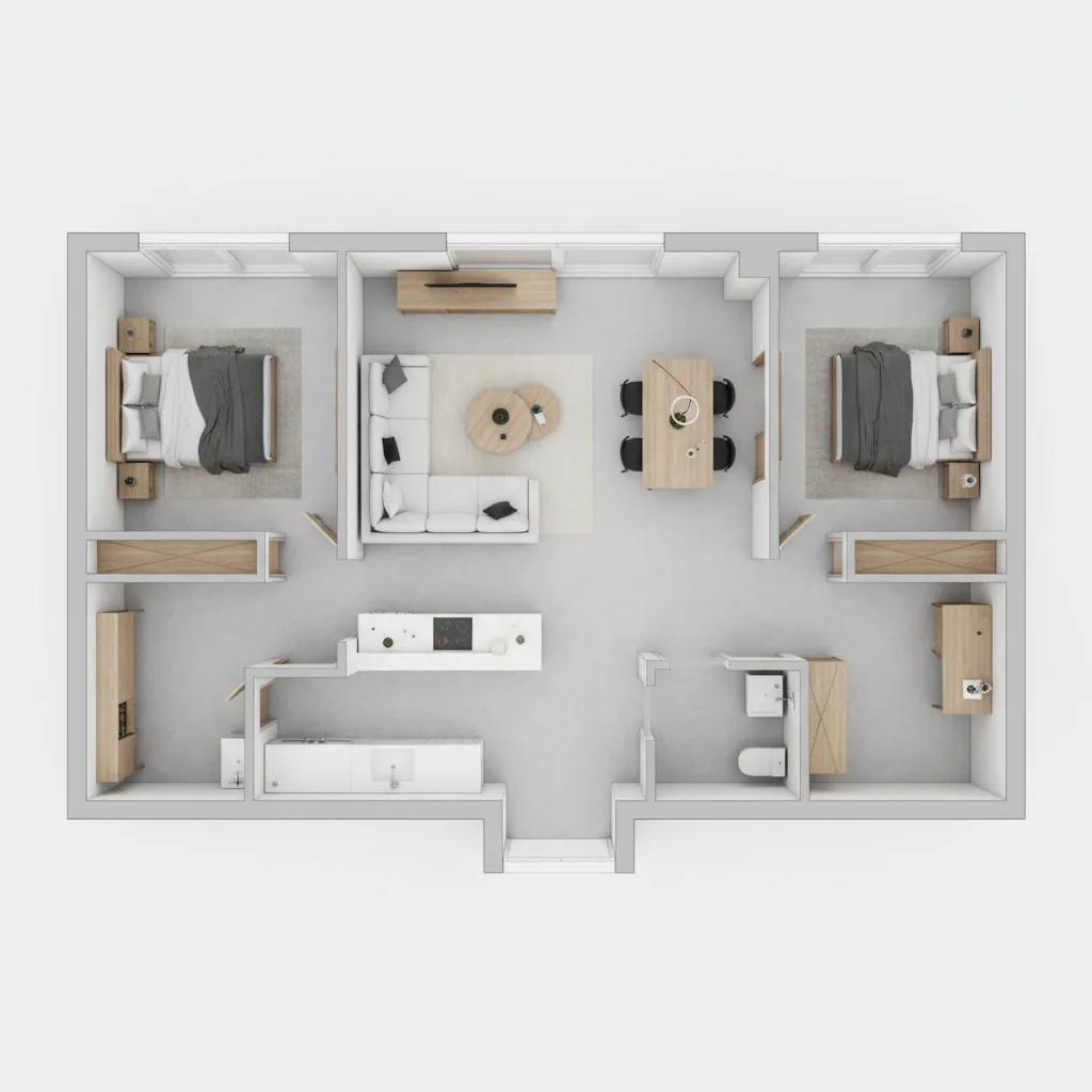 Layout rumah dua kamar dengan ruang terbuka