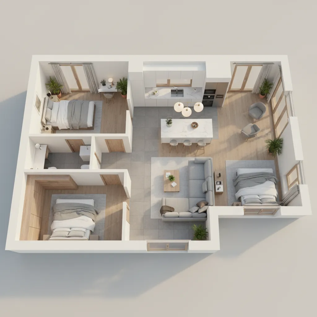 Modern apartment interior design drawing with grey sofa kitchen island wood floor and three bedrooms