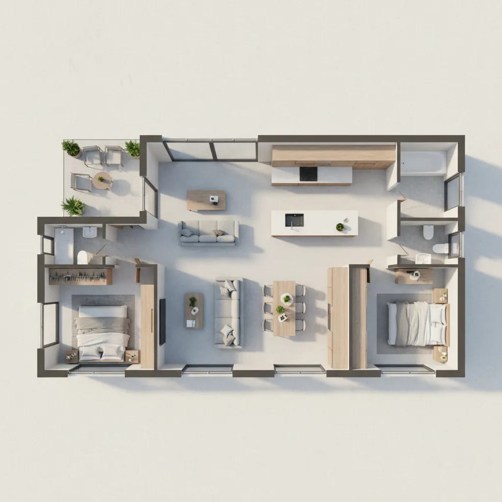 Layout rumah modern dua kamar dengan ruang keluarga terbuka