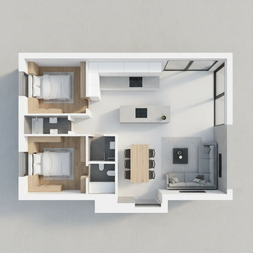 Denah rumah dua kamar dengan konsep ruang terbuka