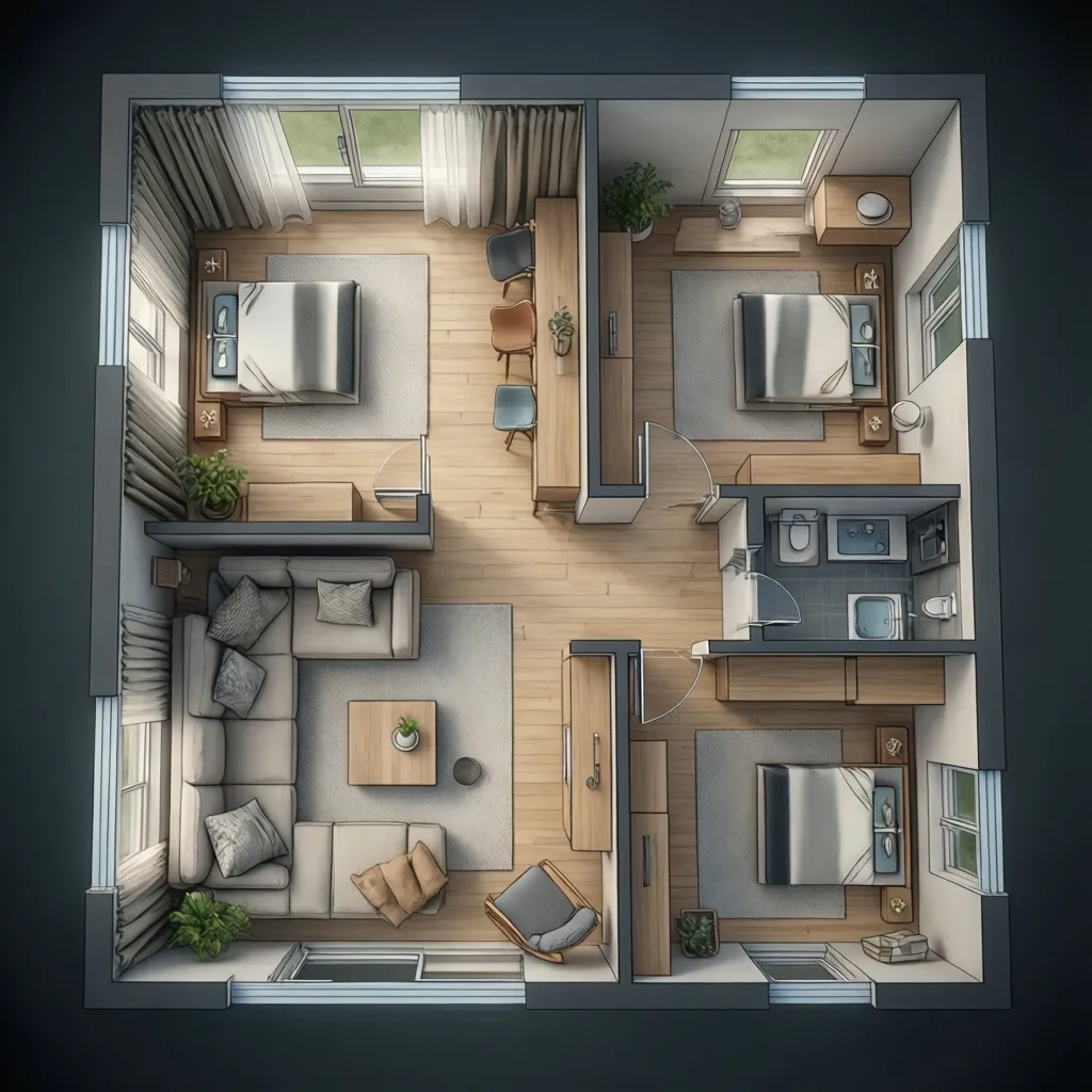 Three bedroom house interior design drawing with living room and modern room layout floor plan