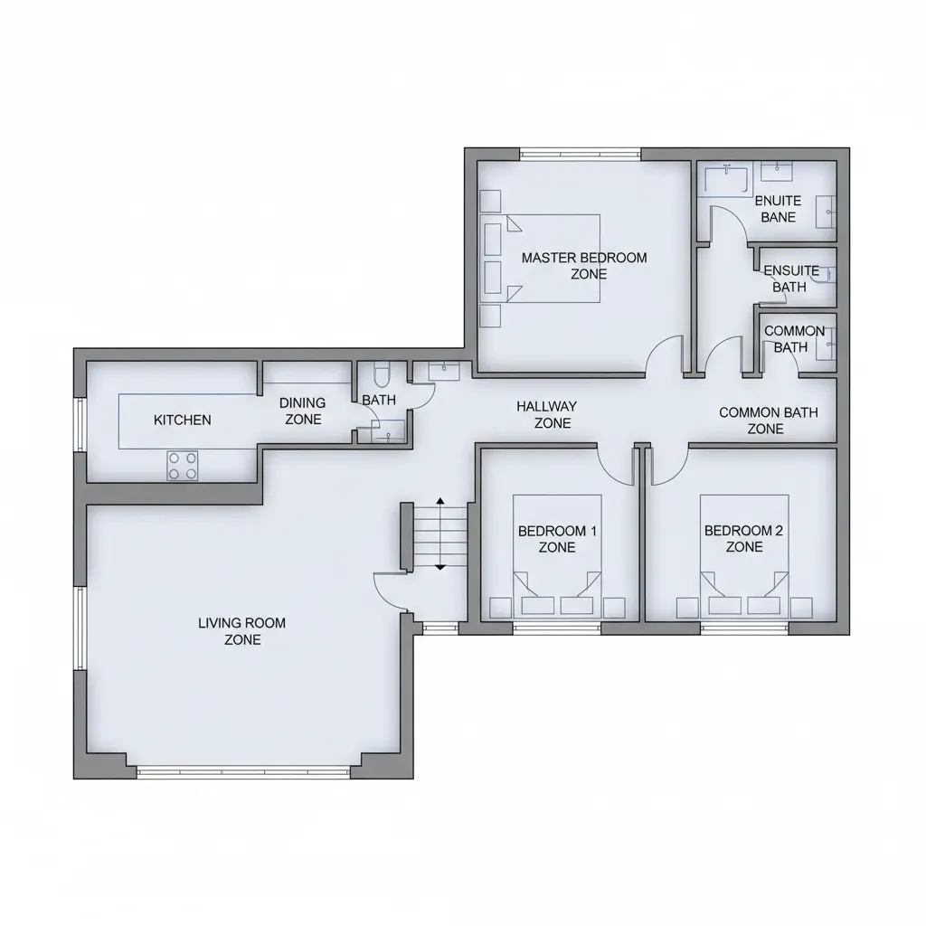 Simple room layout showing living room kitchen dining area and three bedrooms with multiple private bathrooms