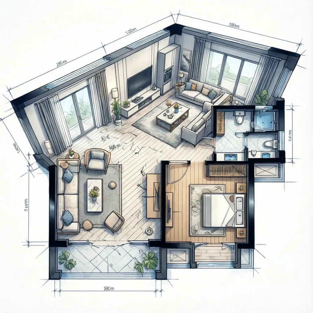 tampilan layout rumah dua dimensi dengan beberapa ruangan
