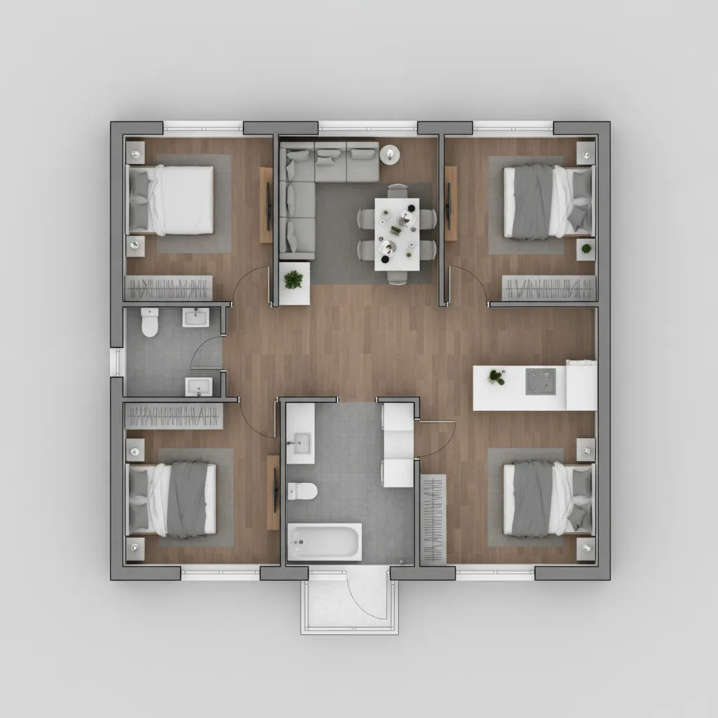 Top down 3D interior design drawing showing four bedrooms wood flooring and a living area