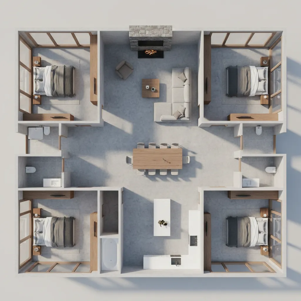 Layout rumah minimalis tiga kamar dengan ruang keluarga di tengah
