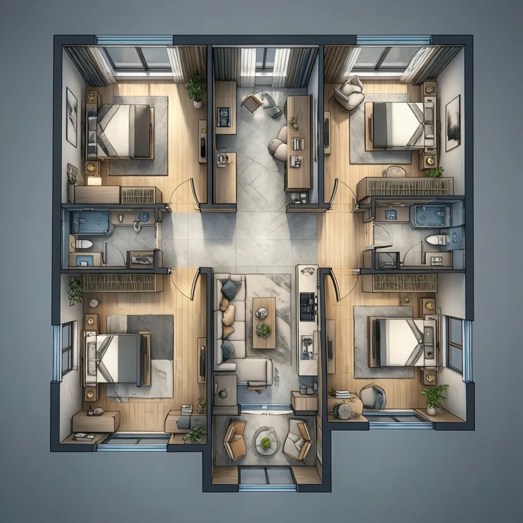 Top view 3D floor plan with three bedrooms, living area, kitchen, bathrooms, and modern furniture