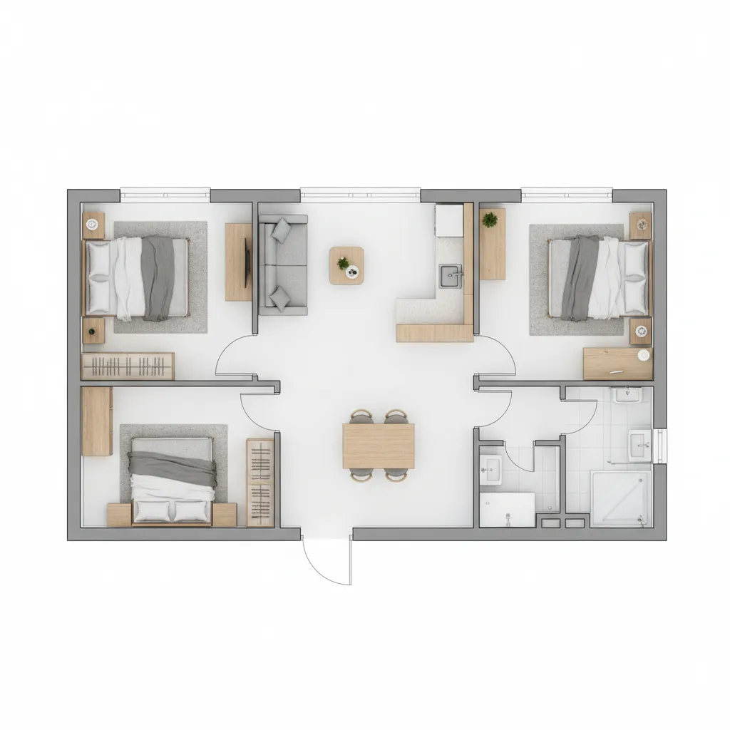 Top down view of a house floor plan featuring three bedrooms and a small kitchen