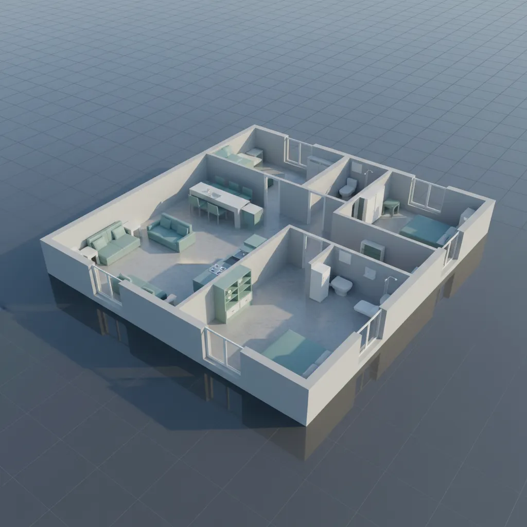 Modern house room layout showing a three dimensional floor plan with blue beds and sofas