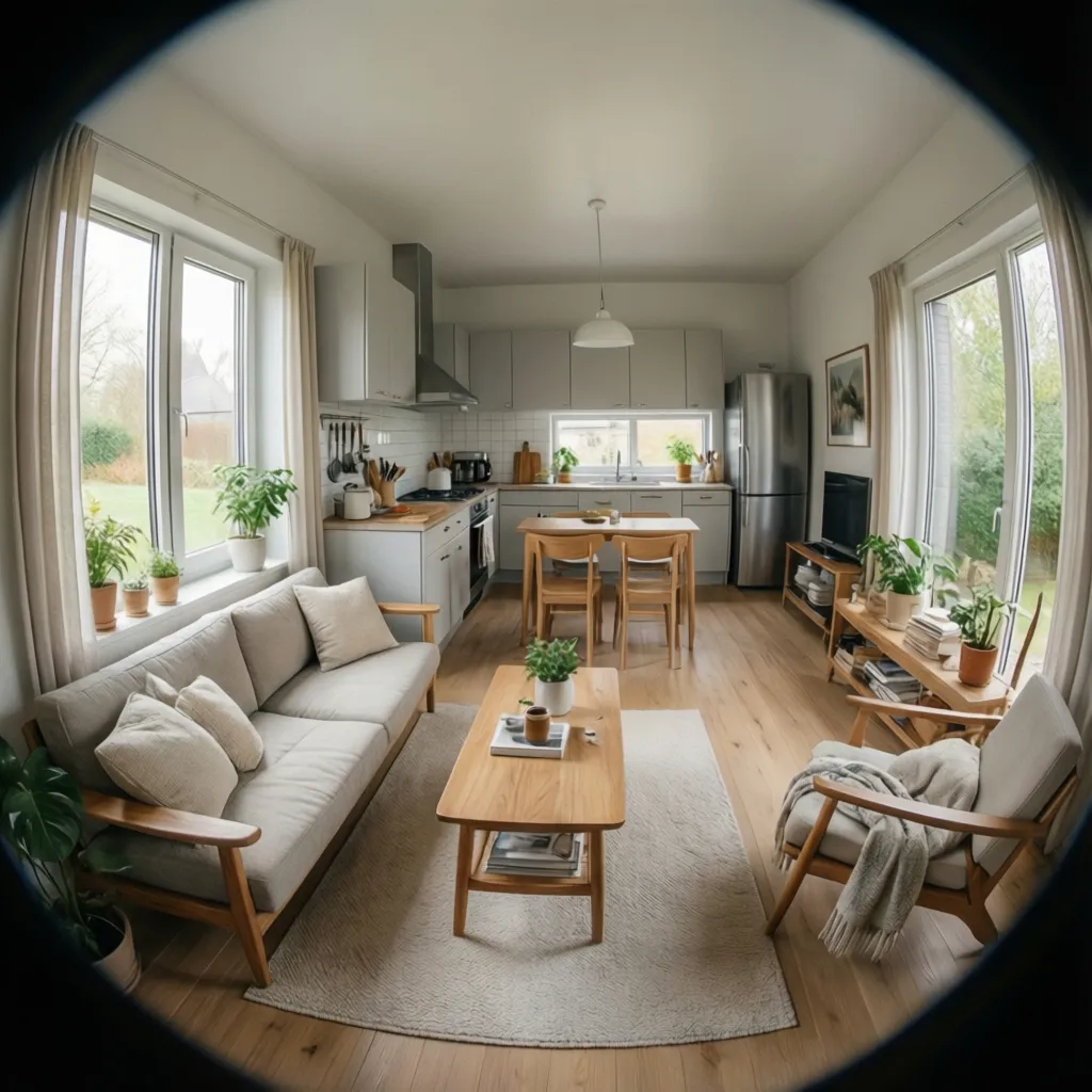 Open plan kitchen and living area with wooden furniture grey sofa coffee table and windows